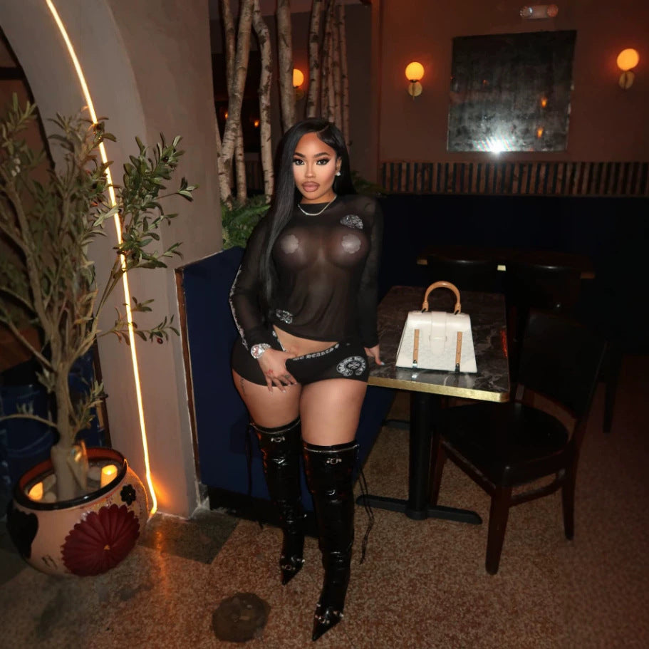 Chrome Hearts Black Mesh Horseshoe Rhinestone Sheer 2 Piece Set