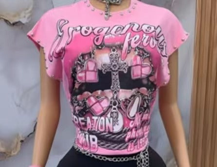 Vintage Multi Graphic Rivet Sleeveless Crop Tank Top