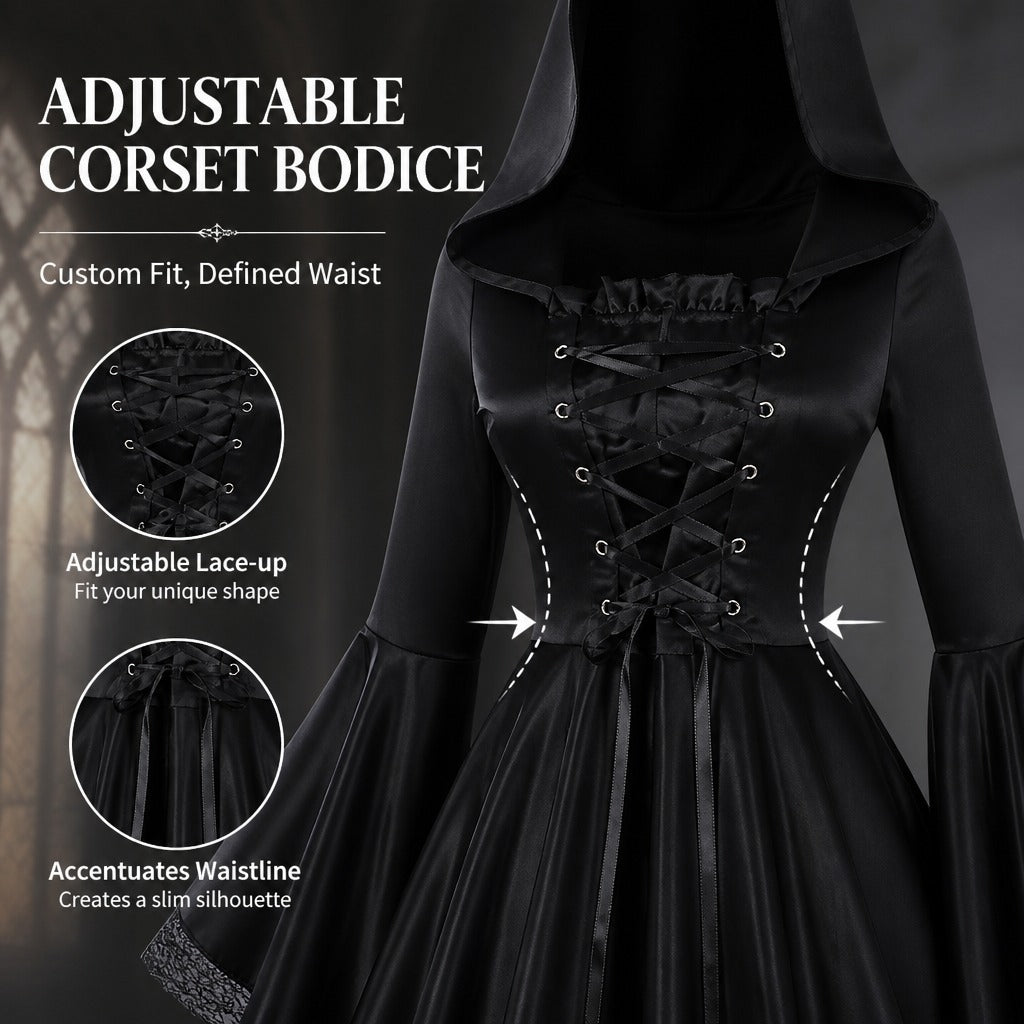 Halloween Women Medieval Gothic Hooded Witch Cosplay Long Dress