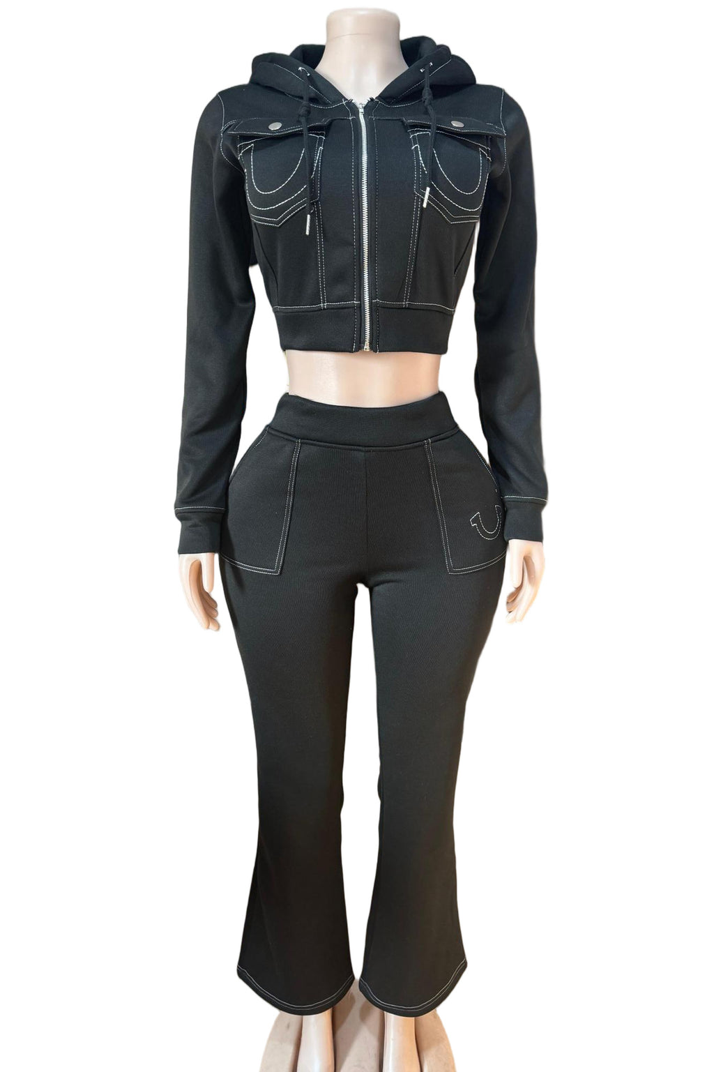 Y2K True Religion Contrast Stitch Embroidery Crop Hoodie 2 Piece Set