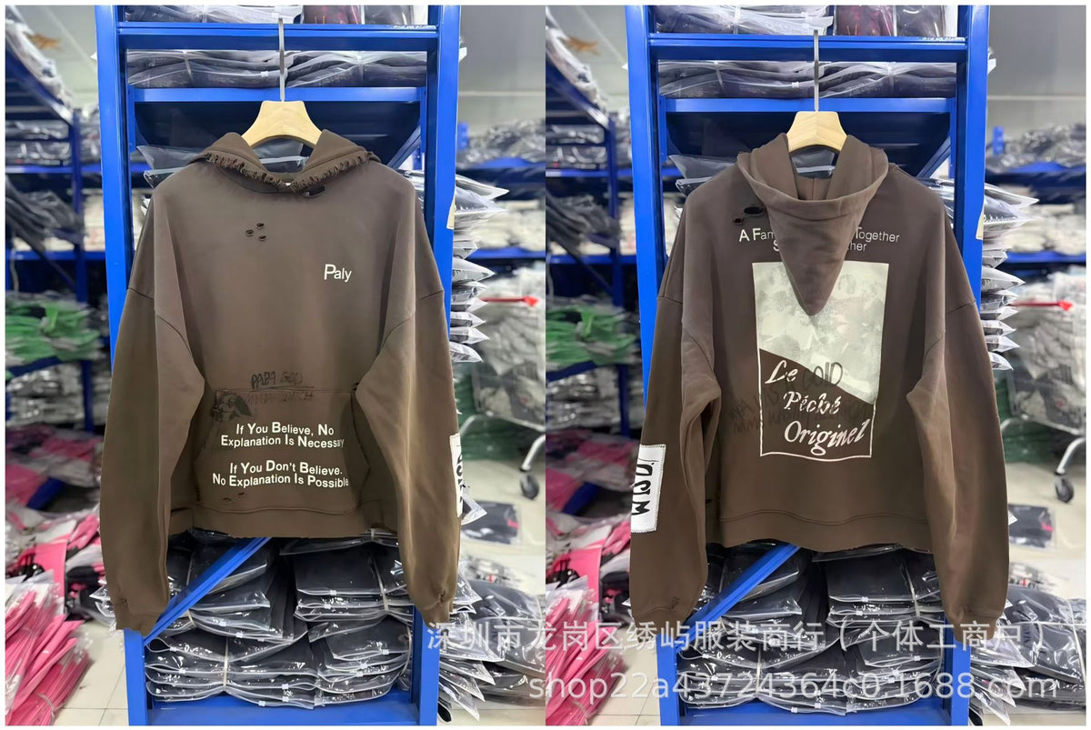 Paly Hollywood Cartoon Letter Hoodie Vintage Wash Graphic Streetwear