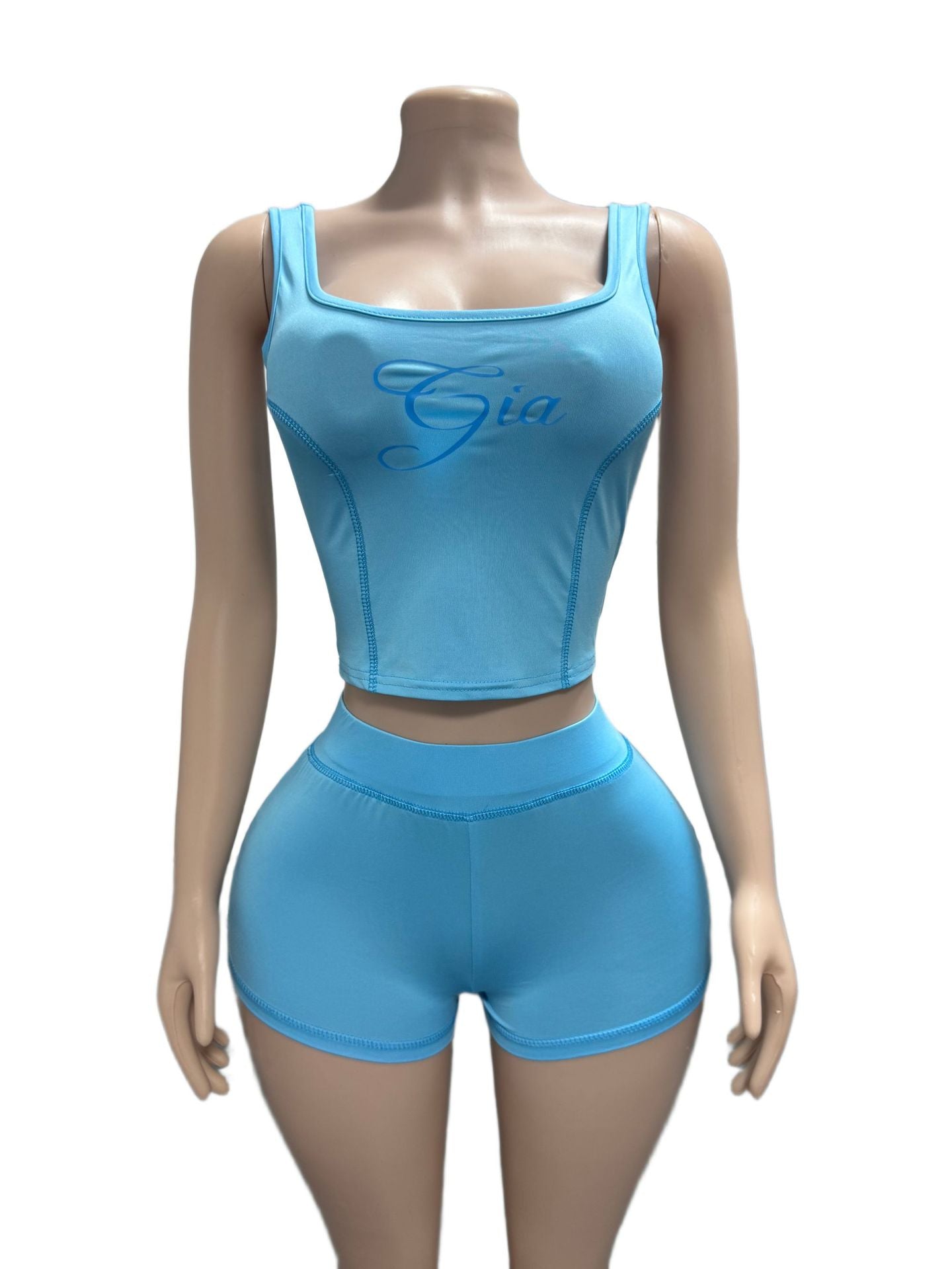I.AM.GIA Contrast Piping Letter Print Square Neck Tank Short 2 Piece Set