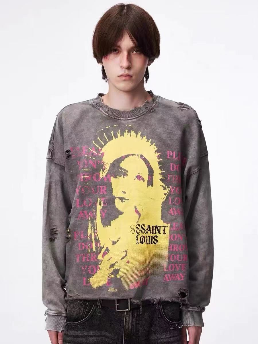 SSSAINT LOUIS Saint Graphic Distressed Washed Crewneck Sweatshirt