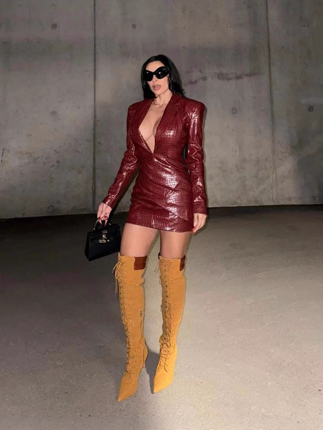 Croc Faux Leather Deep V Wrap Ruched Long Sleeve Mini Dress Women