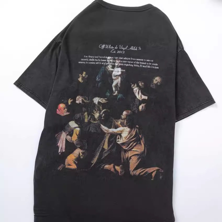 Off-White Color Figure Graphic Crew Neck Short Sleeve T Shirt