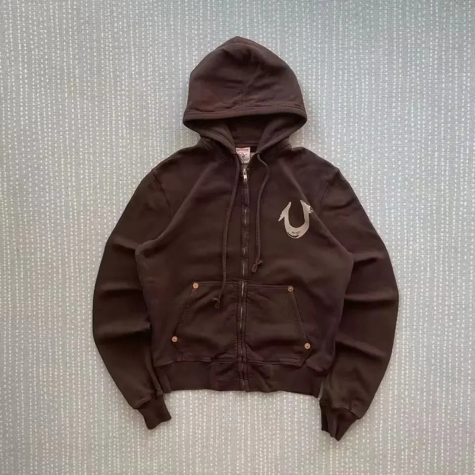 True Religion Y2K Vintage Stitch Zip Up Hoodie Horseshoe Embroidery