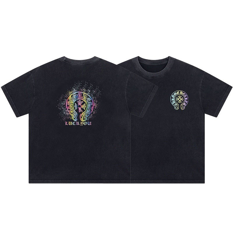 Chrome Hearts Color Sanskrit Cross Print Short Tee Unisex Y2K