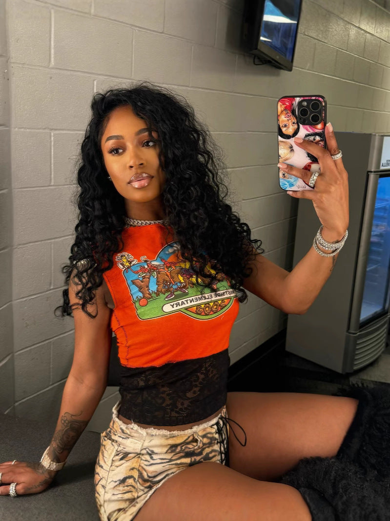 Westside Elementary Cartoon Print Lace Spliced Sleeveless Crop Top Women