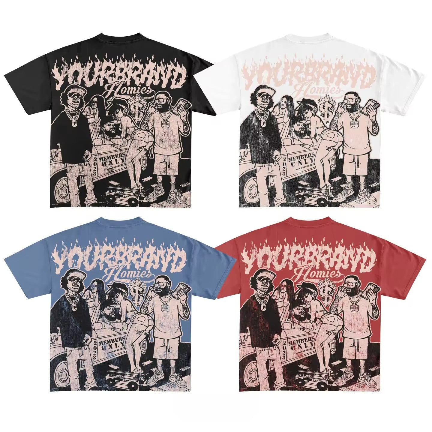 Y2K Hip-Hop Cartoon Portrait Oversized Vintage Baumwoll-T-Shirt im Members-Only-Stil