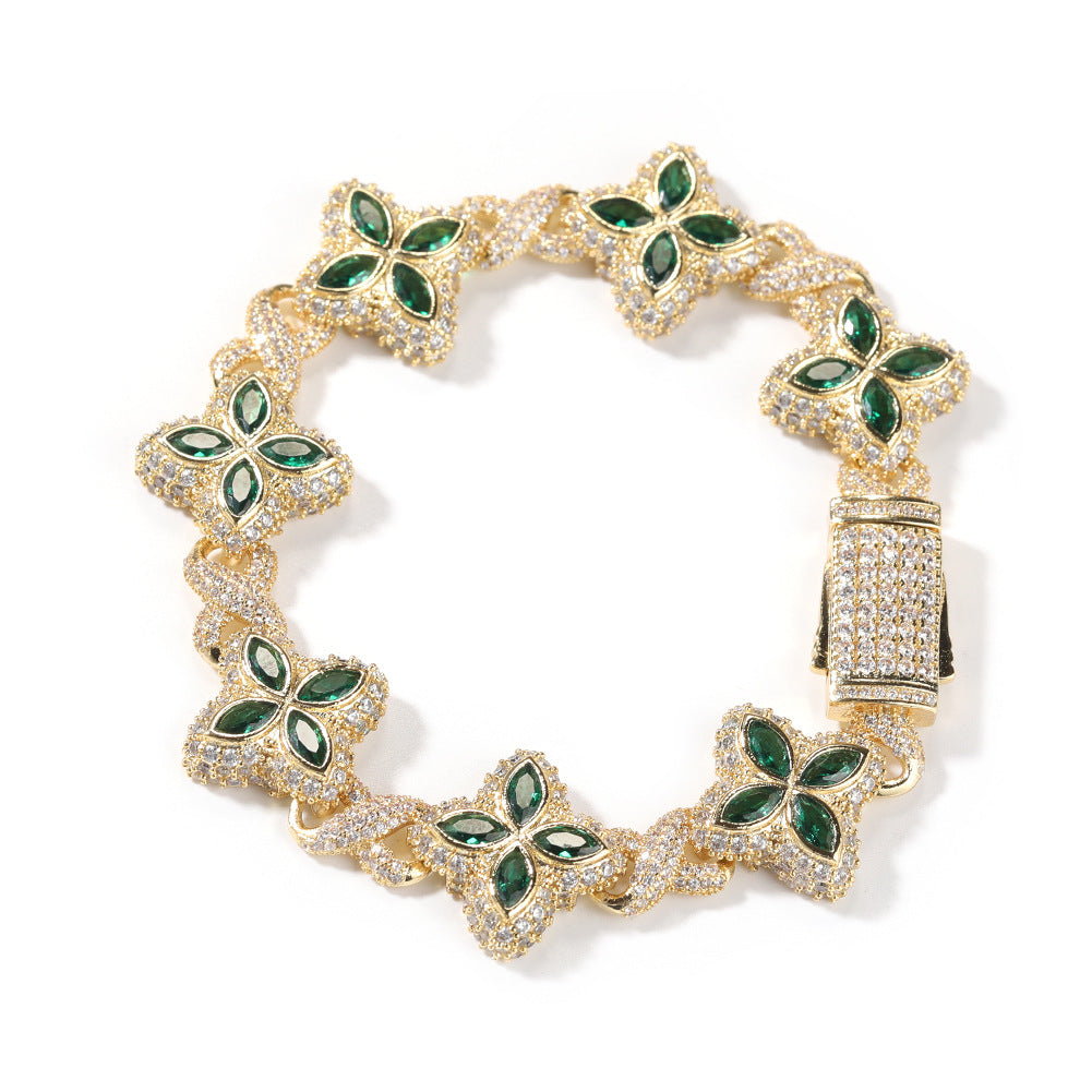 Iced Out Four Leaf Clover 5A Color Zircon Hip Hop Bracelet For