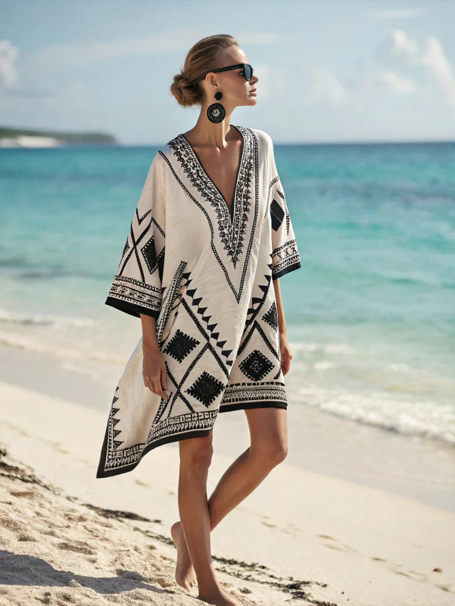 Women Boho Geometric Print V Neck Loose Kaftan Maxi Beach Dress