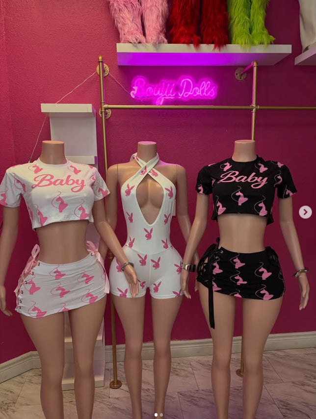 Baby Phat Y2K Graphic Print Crop Top Lace‑Up Mini Skirt Set Women
