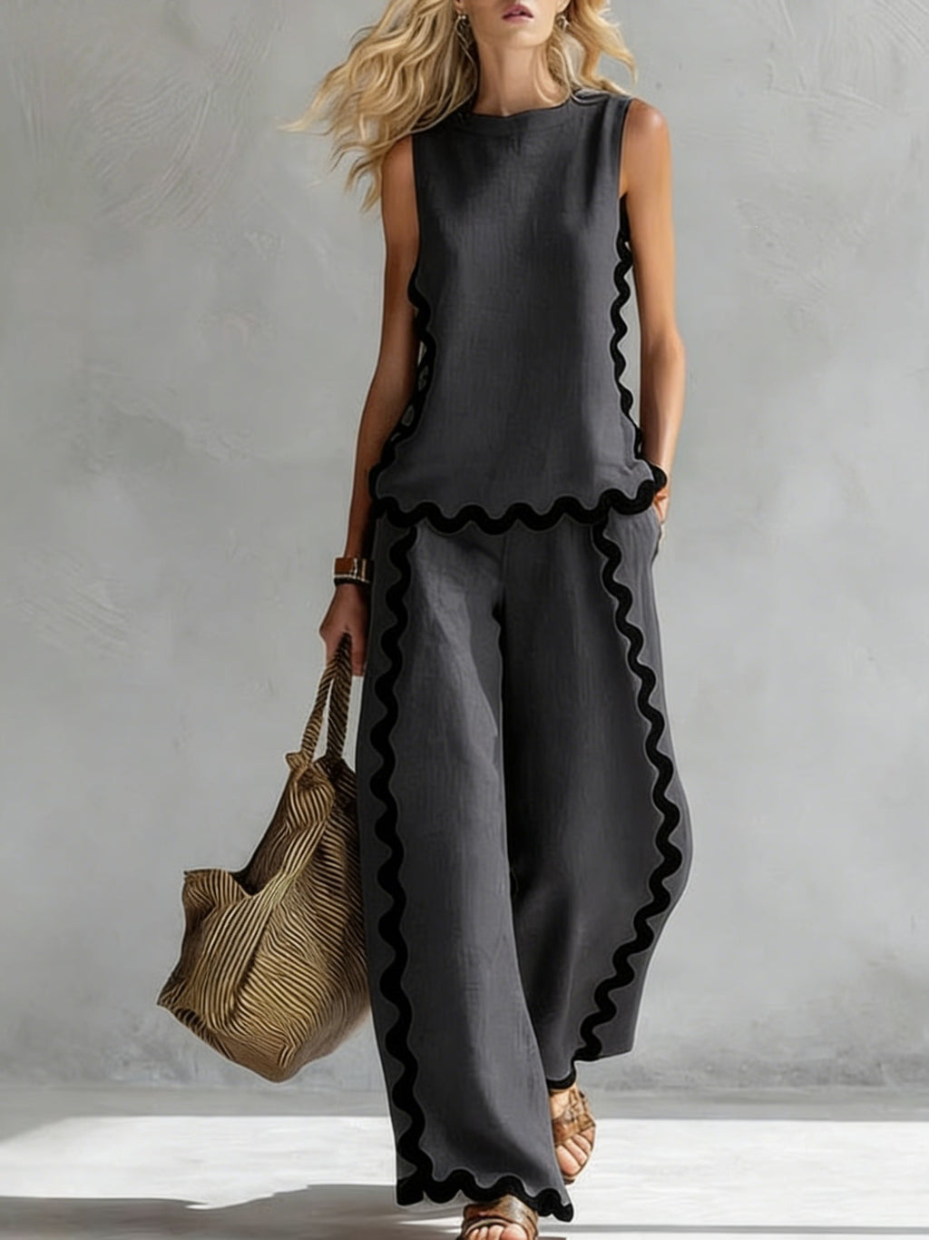 Boho Floral Trim Sleeveless Wide Leg Two Piece Set