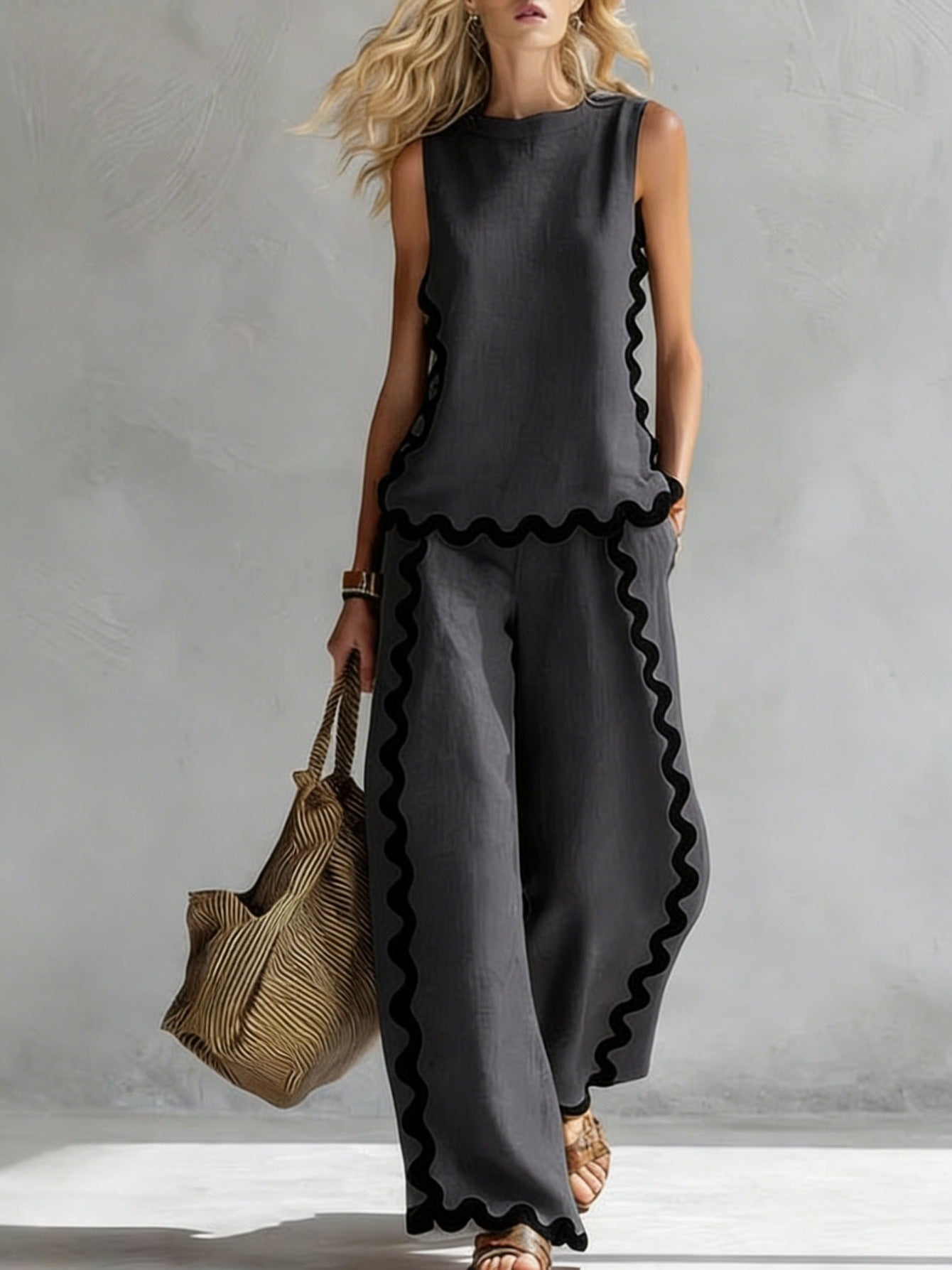 Boho Floral Trim Sleeveless Wide Leg Two Piece Set