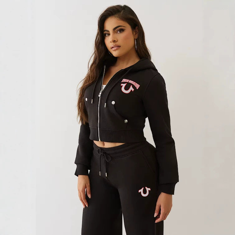 Y2K True Religion Horseshoe Logo Zip Crop Hoodie Straight Jogger 2 Piece Set