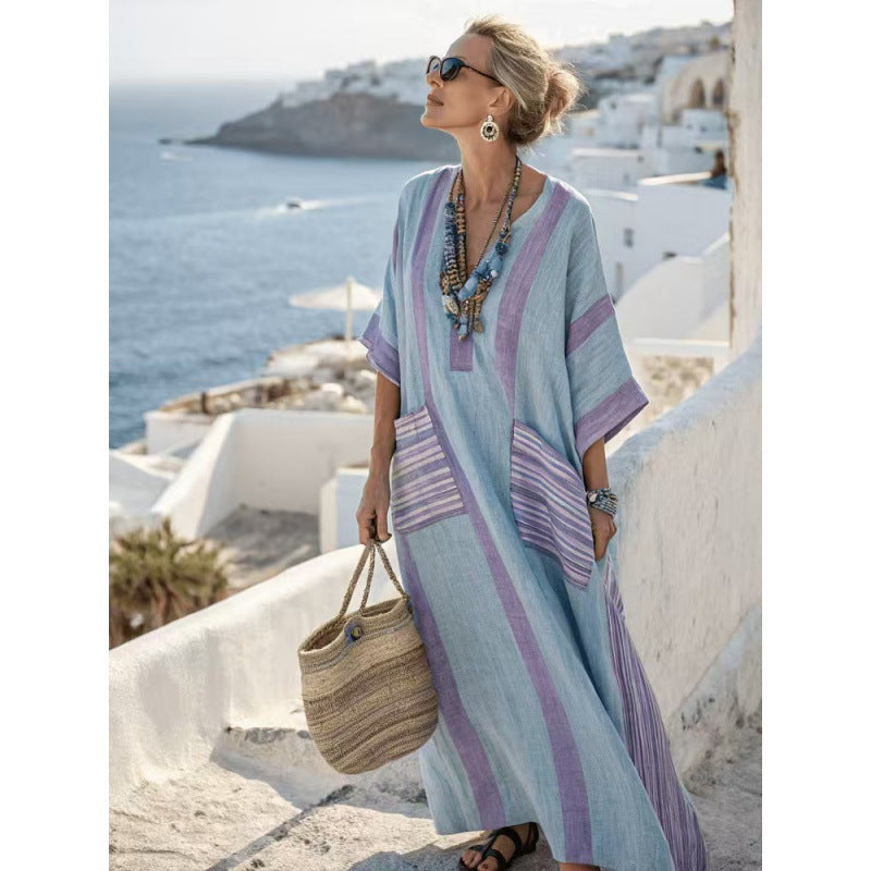 Women Boho Striped Embroidery V Neck Loose Kaftan Maxi Beach Dress