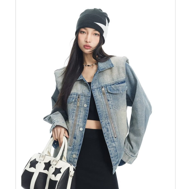 Y2K Vintage Washed Spliced Denim Zip‑Up Jacket Streetwear Unisex