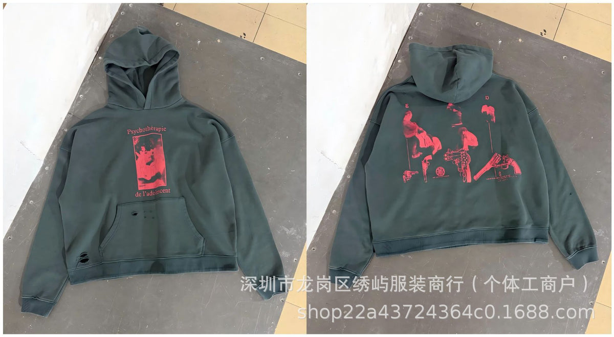 ERD Distressed Photo Letter Print Hoodie Vintage Cotton Pullover