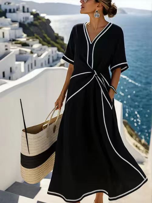 Women Boho V Neck Twist Front Trim Loose Linen Beach Maxi Dress