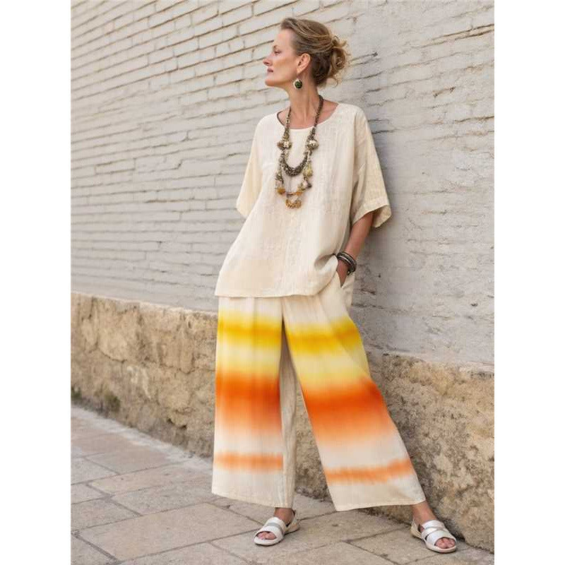 Women Boho Gradient Print Round Neck Batwing Loose Beach Two Piece Set