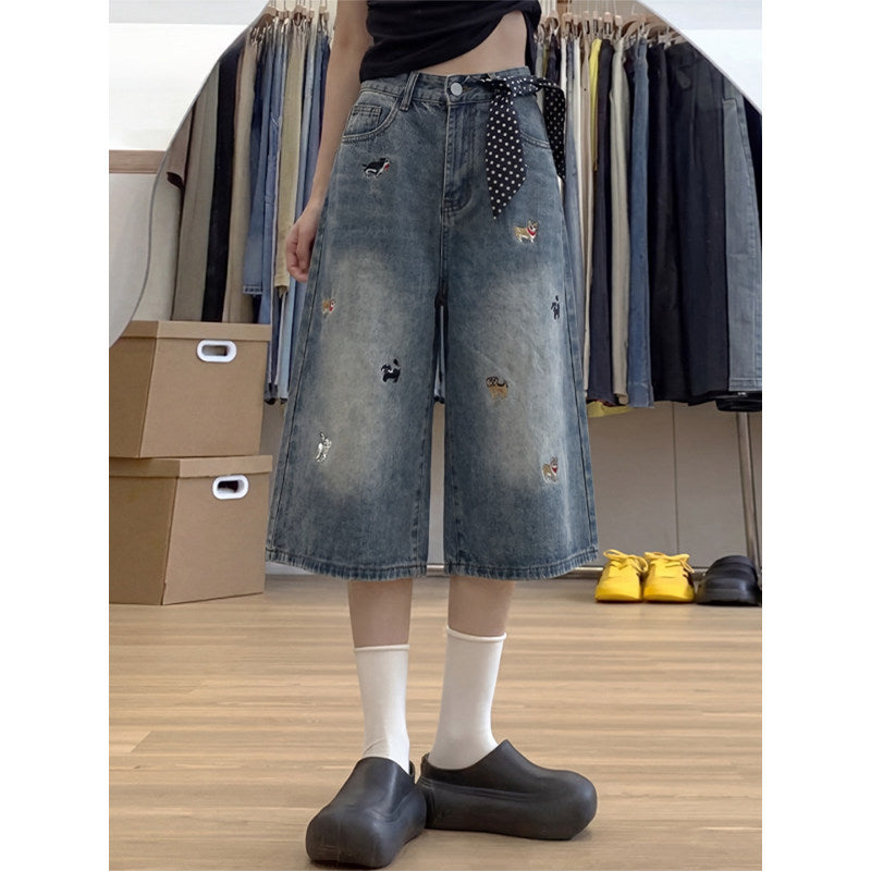 Dog Embroidered Wide Leg Denim Capri Pants Women Loose Cropped Jorts