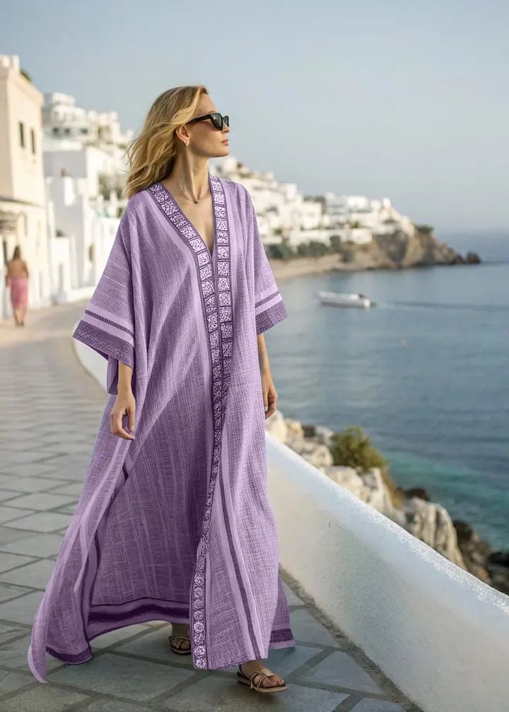 Women Boho Abstract Print V Neck Batwing Loose Kaftan Maxi Beach Dress