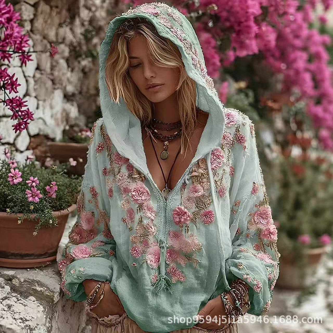 Women Boho Floral Print Zip Up Hooded Long Sleeve Loose Top