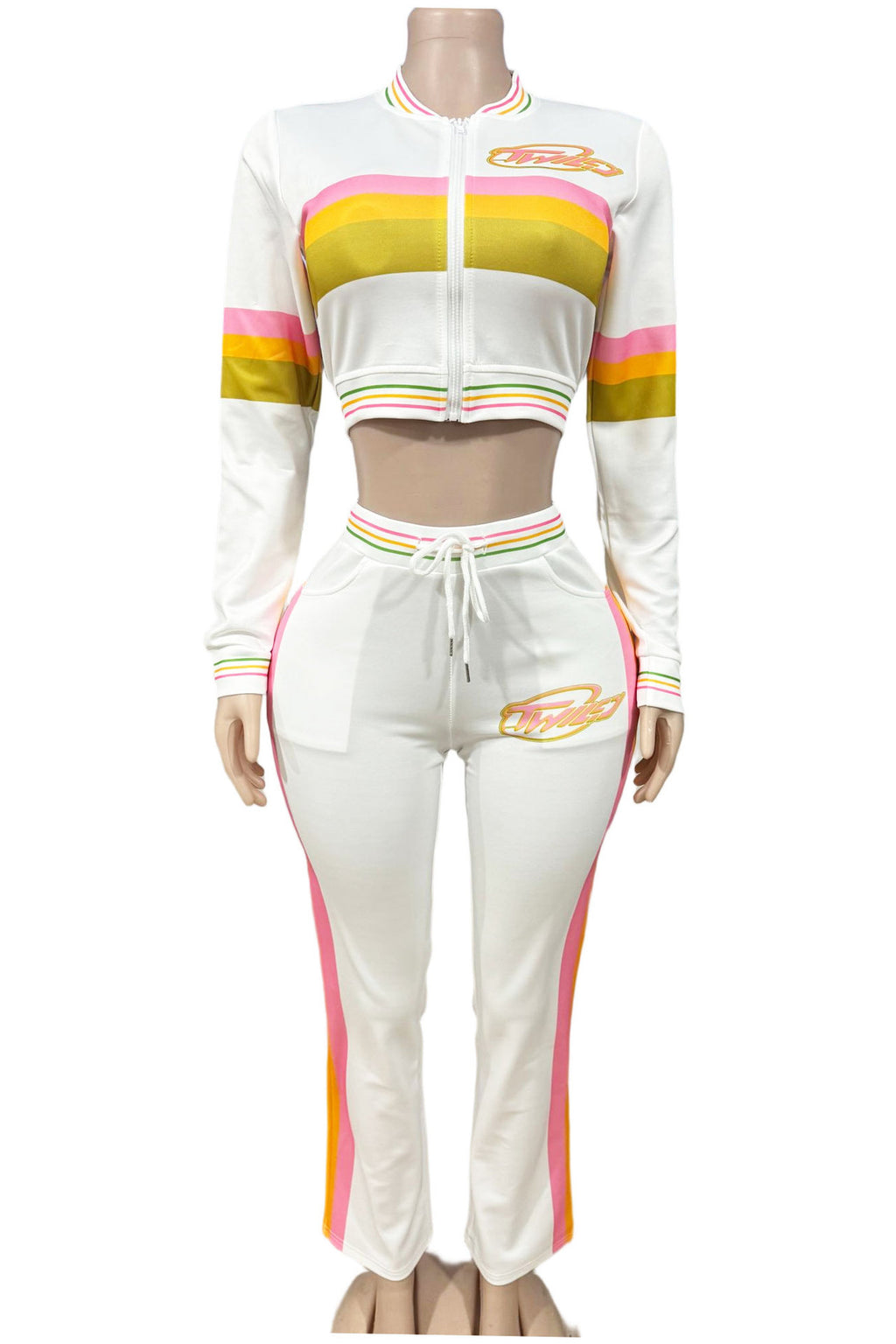 Twiley TM Rainbow Stripe Zip Crop Jacket Flare Pants 2 Piece Set Women