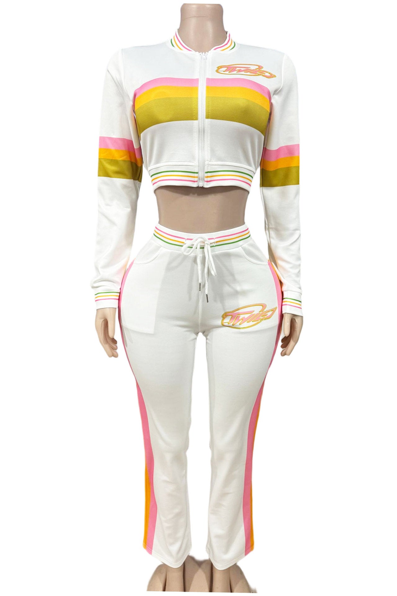 Twiley TM Rainbow Stripe Zip Crop Jacket Flare Pants 2 Piece Set Women