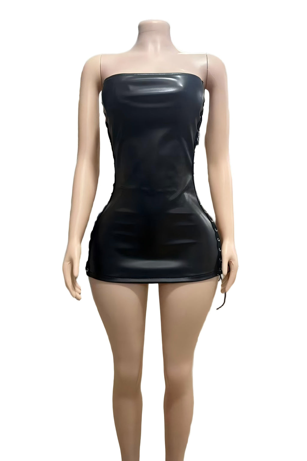 Y2K Faux Leather Strapless Eyelet Lace Up Side Cutout Mini Dress
