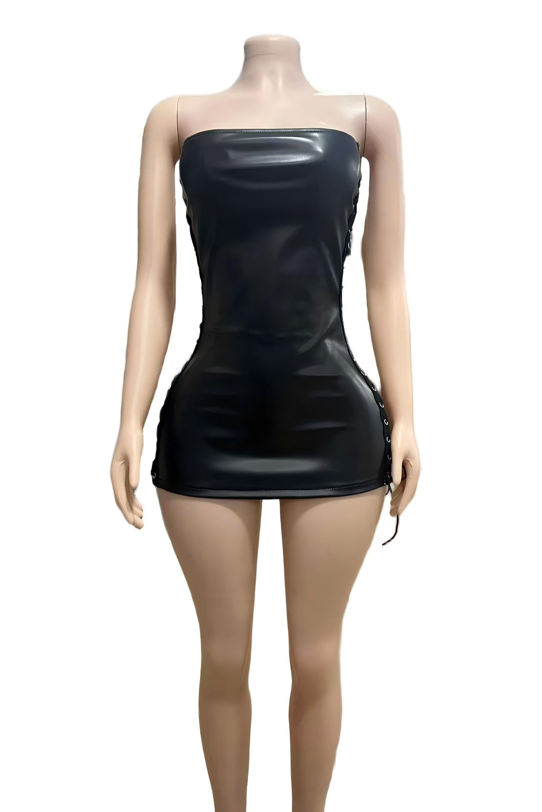 Y2K Faux Leather Strapless Eyelet Lace Up Side Cutout Mini Dress