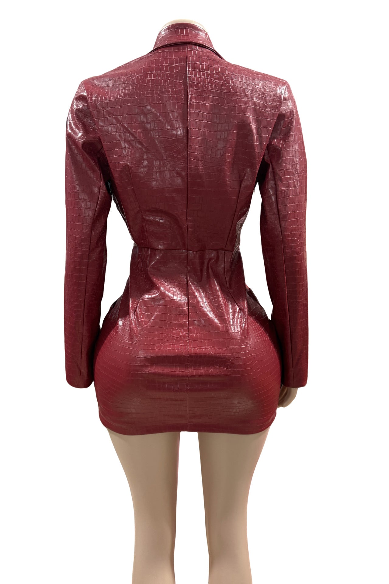 Croc Faux Leather Deep V Wrap Ruched Long Sleeve Mini Dress Women