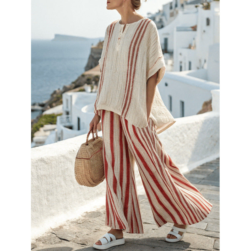 Women Boho Striped Plus Size Loose Kaftan Beach Set