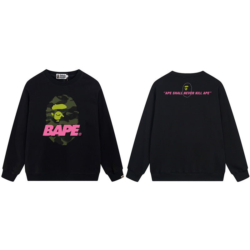 Bape Arch Letter Shark Ape Head Washed Oversized Crewneck Streetwear