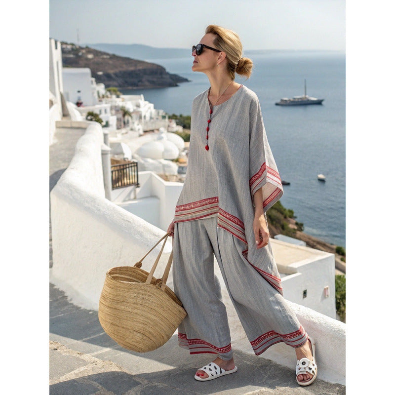 Women Boho Striped Plus Size Loose Kaftan Beach Set
