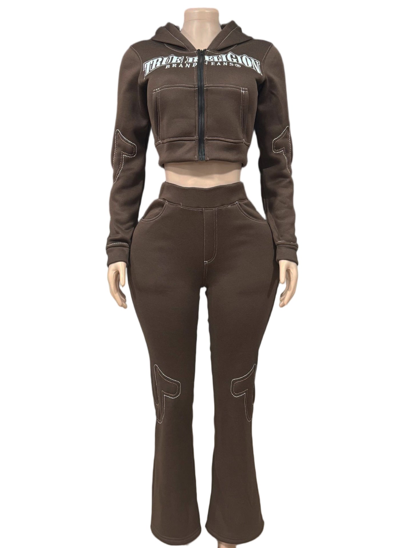 True Religion Stitch Embroidered Zip Crop Hoodie Flare Pants Tracksuit Set