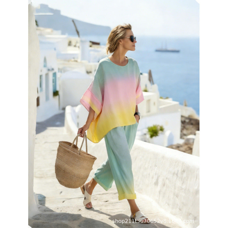 Women Boho Gradient Print Round Neck Batwing Loose Beach Two Piece Set