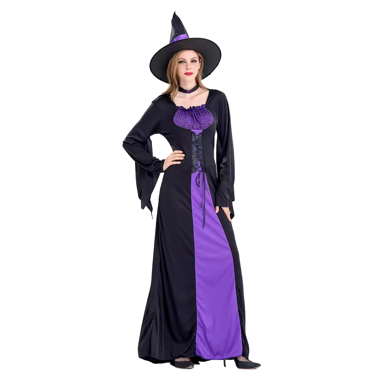 Halloween Women Purple Black Witch Cosplay Long Dress With Hat/Choker