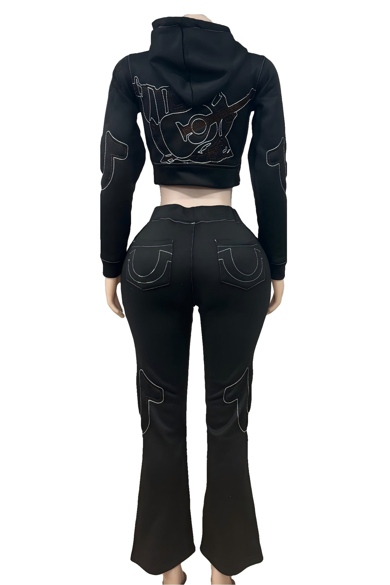 True Religion Stitch Embroidered Zip Crop Hoodie Flare Pants Tracksuit Set