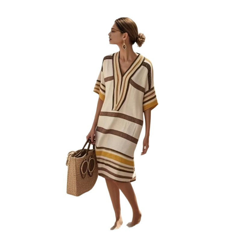 Women Boho Striped V Neck Loose Kaftan Midi Beach Dress