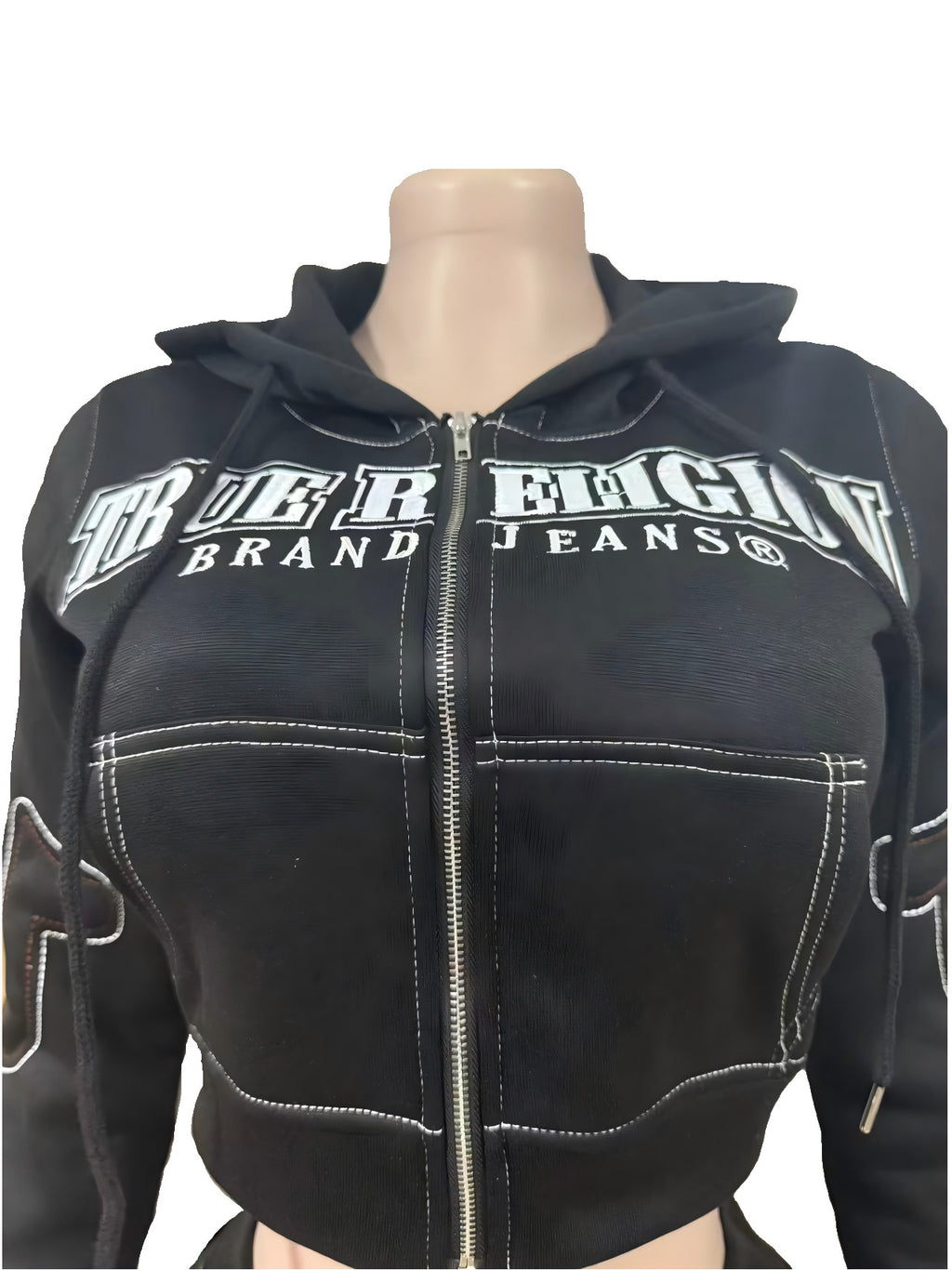 True Religion Stitch Embroidered Zip Crop Hoodie Flare Pants Tracksuit Set
