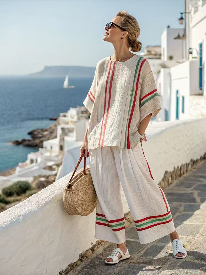 Women Boho Striped Print Round Neck Short Sleeve Wide Leg Beach Set