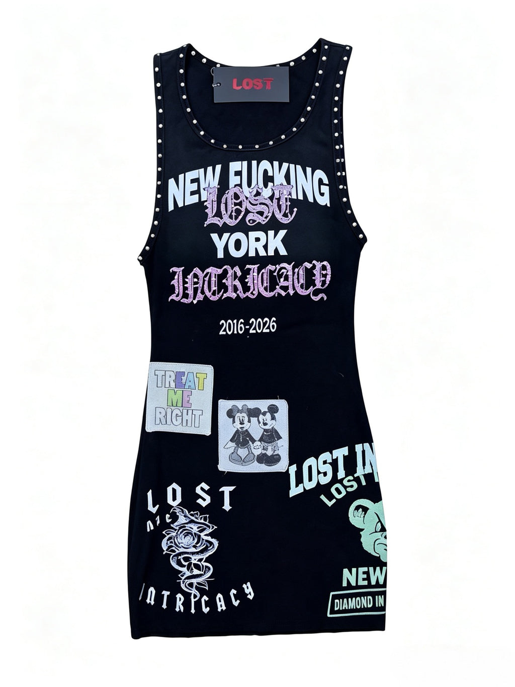 Lost Intricacy Graphic Rivet Sleeveless Tank Bodycon Mini Dress Women