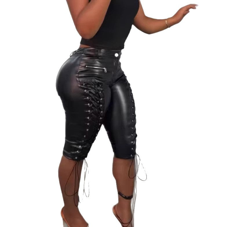 Lace Up Faux Leather Capri Skinny Pants