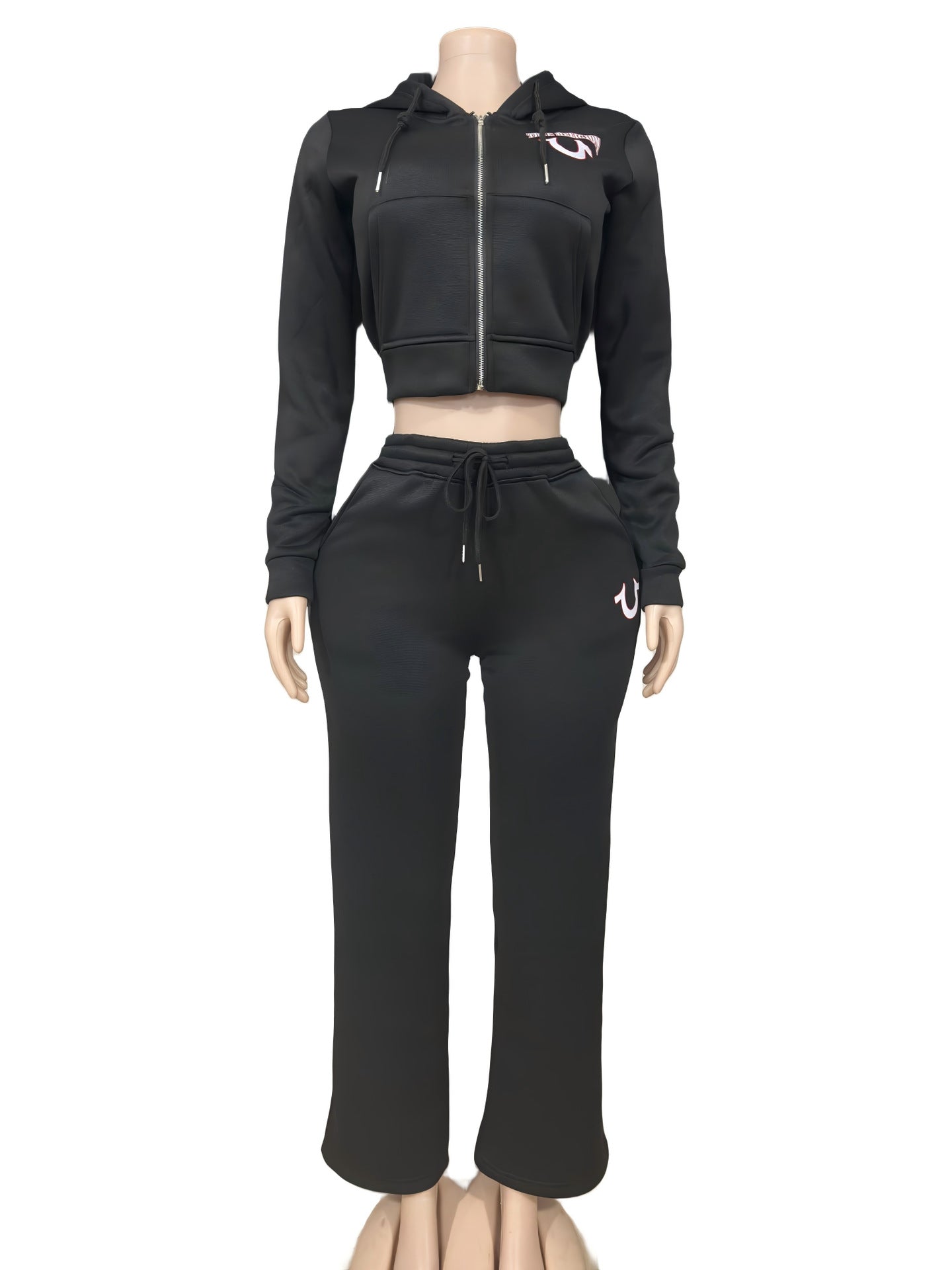 Y2K True Religion Horseshoe Logo Zip Crop Hoodie Straight Jogger 2 Piece Set