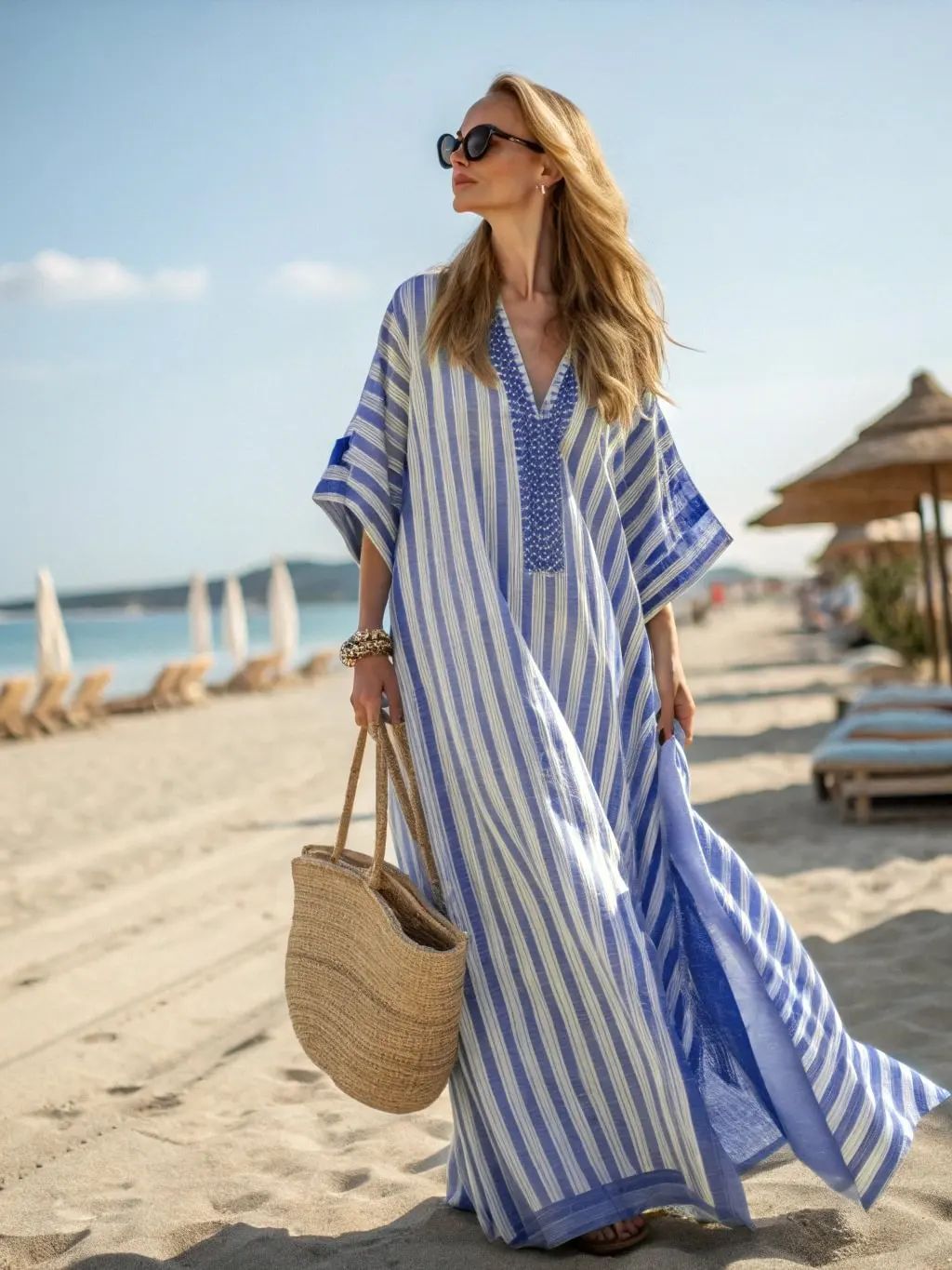 Women Boho Abstract Print V Neck Batwing Loose Kaftan Maxi Beach Dress