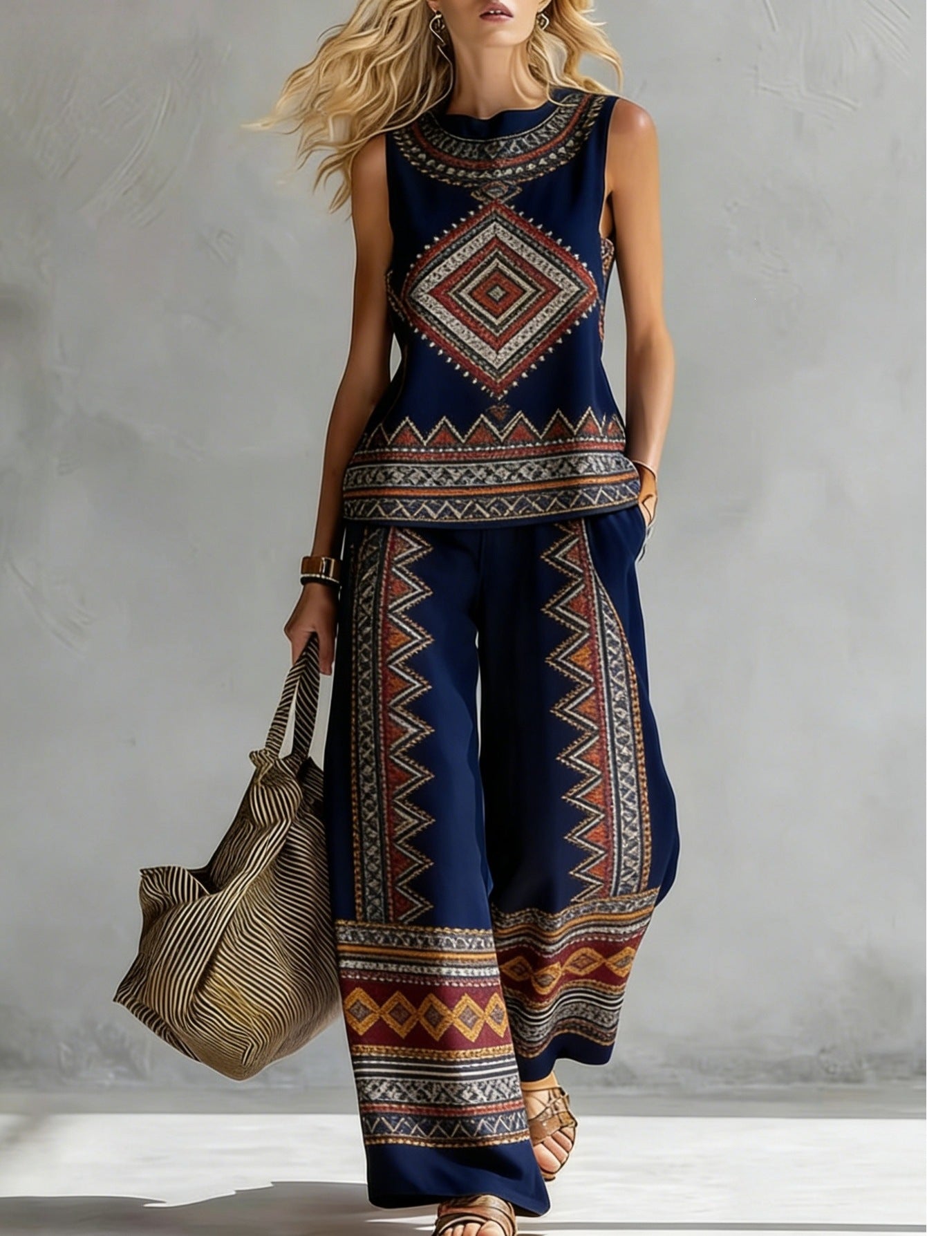 Boho Floral Trim Sleeveless Wide Leg Two Piece Set