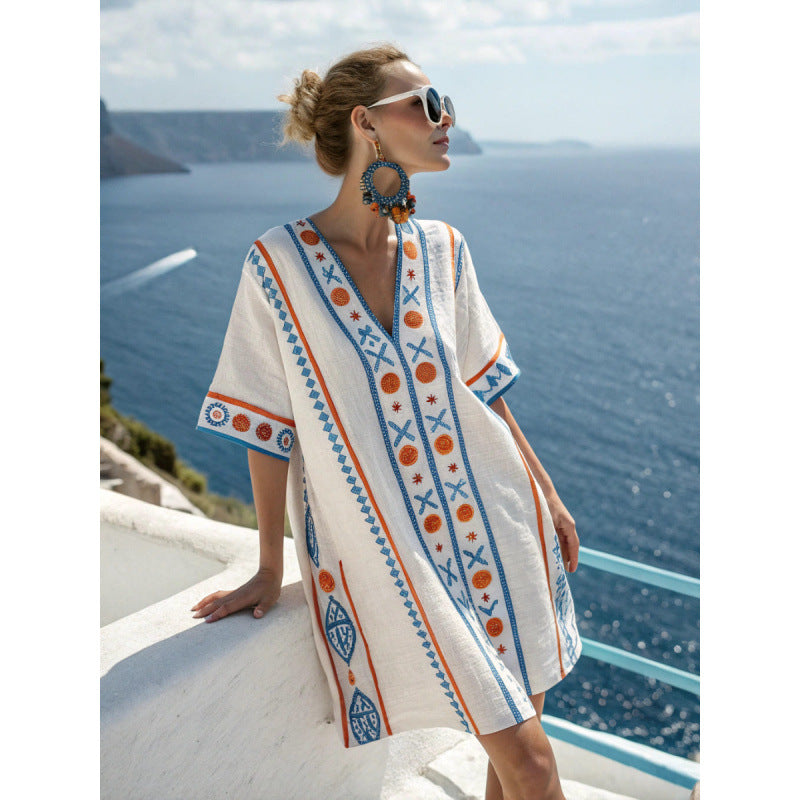 Women Boho Striped V Neck Loose Kaftan Midi Beach Dress