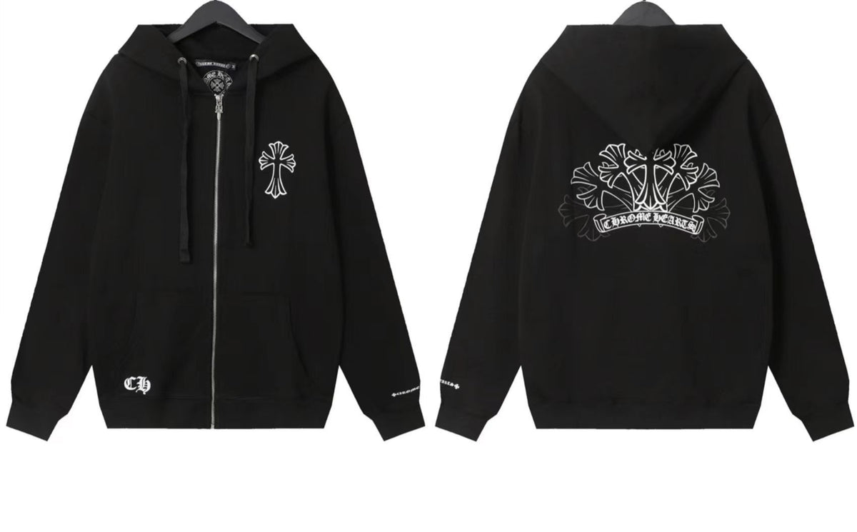 Chrome Hearts Horseshoe Sanskrit Cross Zip Up Hoodie Streetwear Unisex