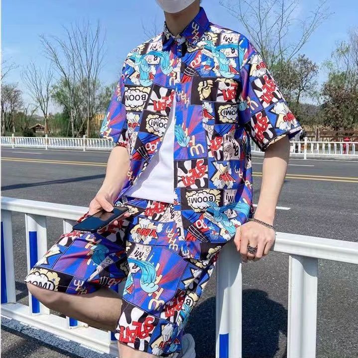 Couple Quick Dry Floral Loose Tropical Beach Shirt Shorts Set